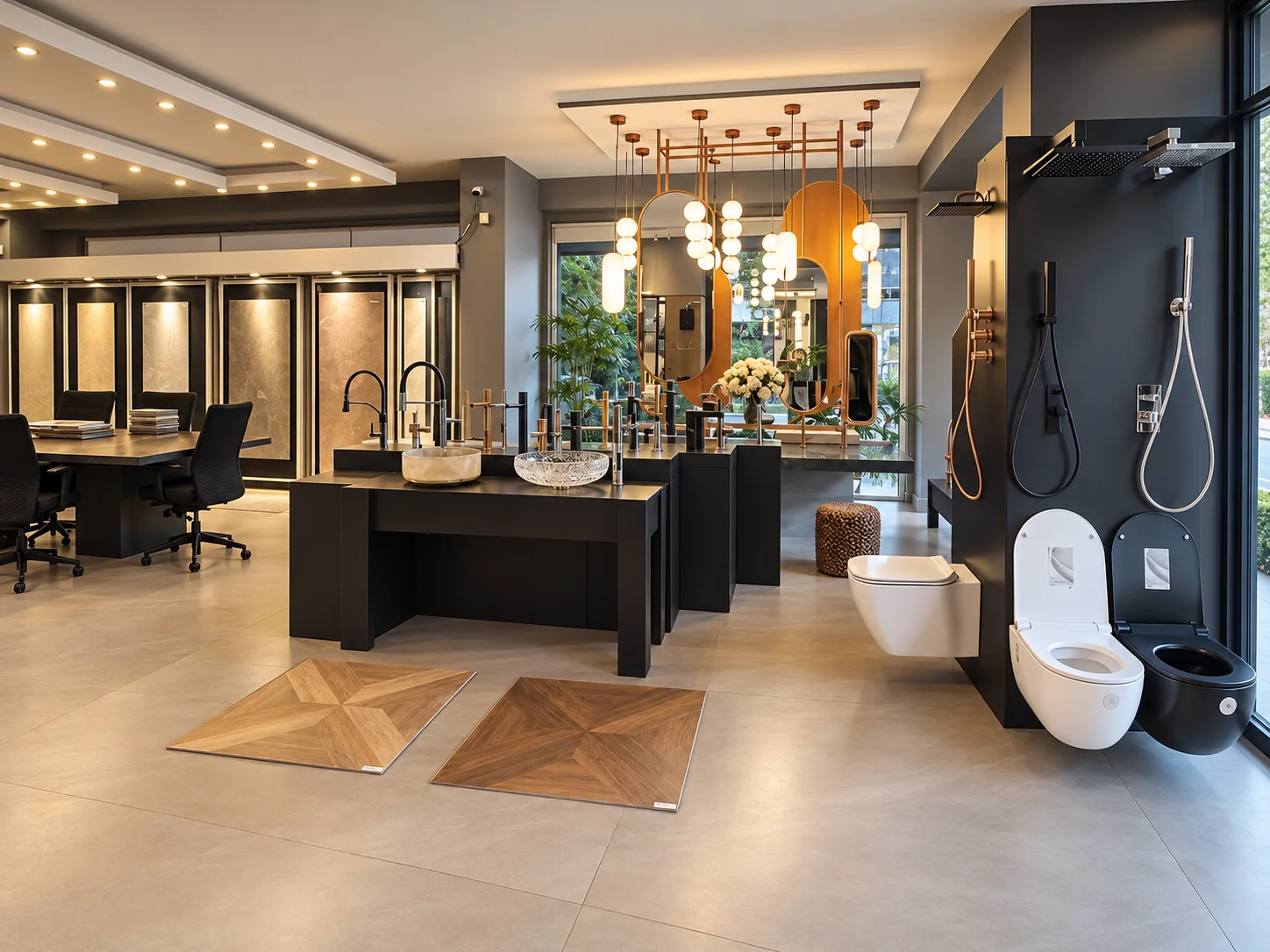 Güney Seramik showroom’unda seramik numuneleri, lavabolar ve armatürlerin sergilendiği alan